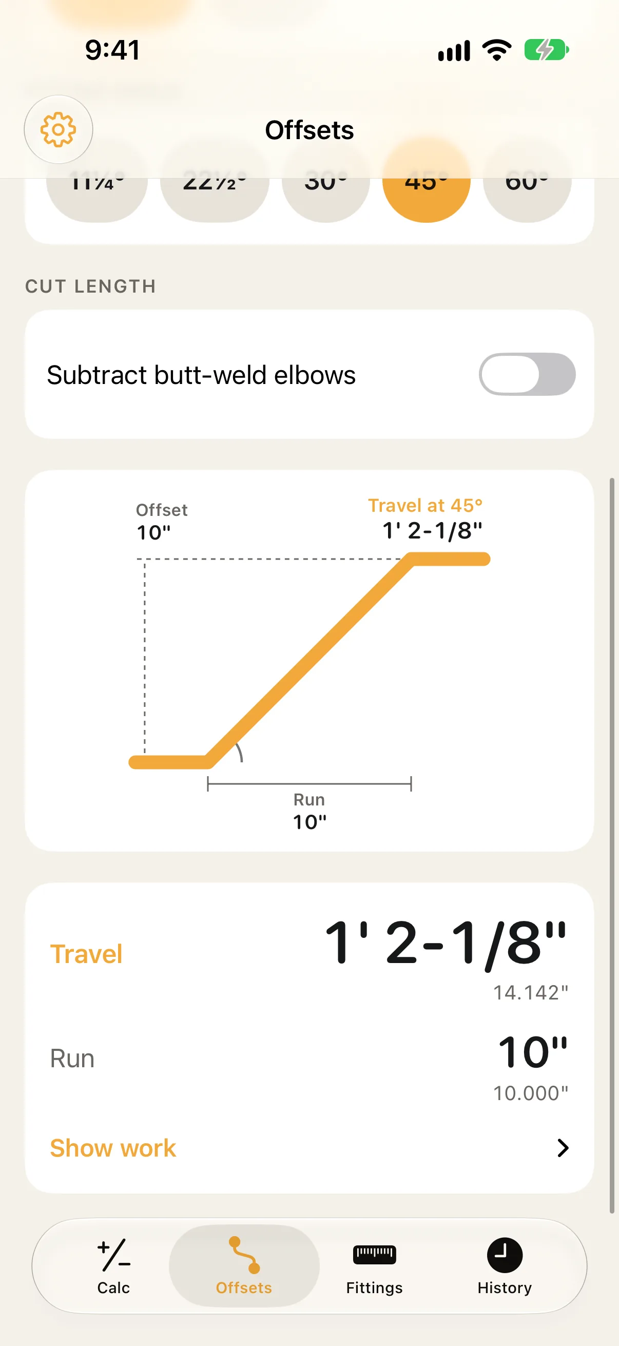 A 10 inch simple offset drawn at 45 degrees with offset, run and travel labelled